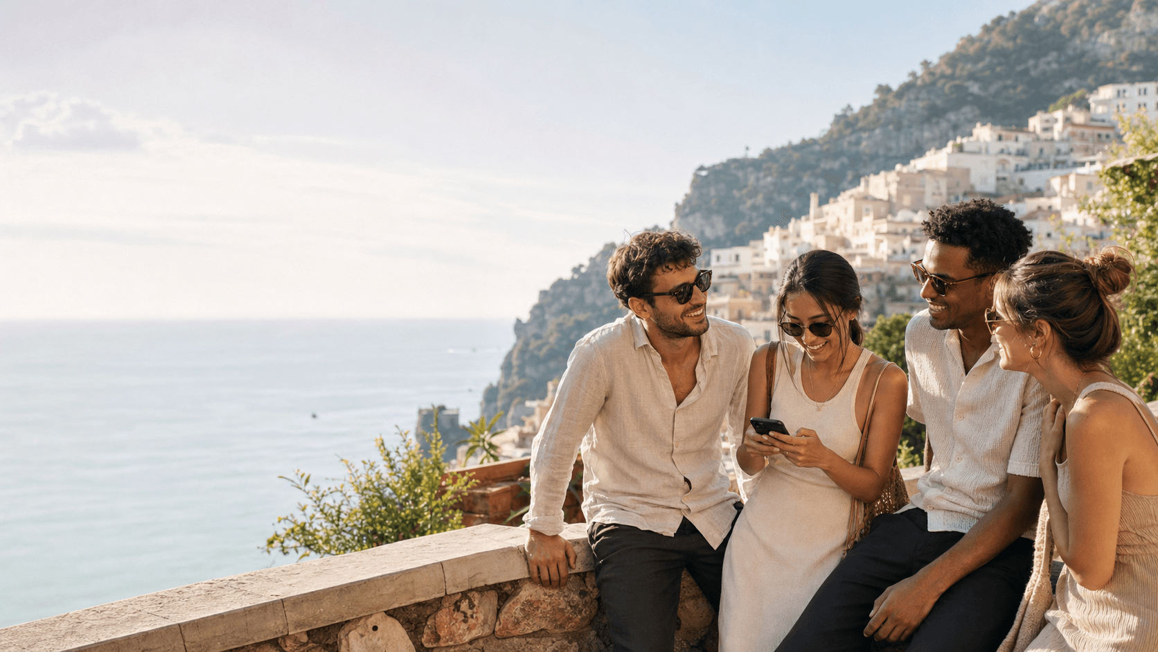 Friends staying connected together on a coastal trip