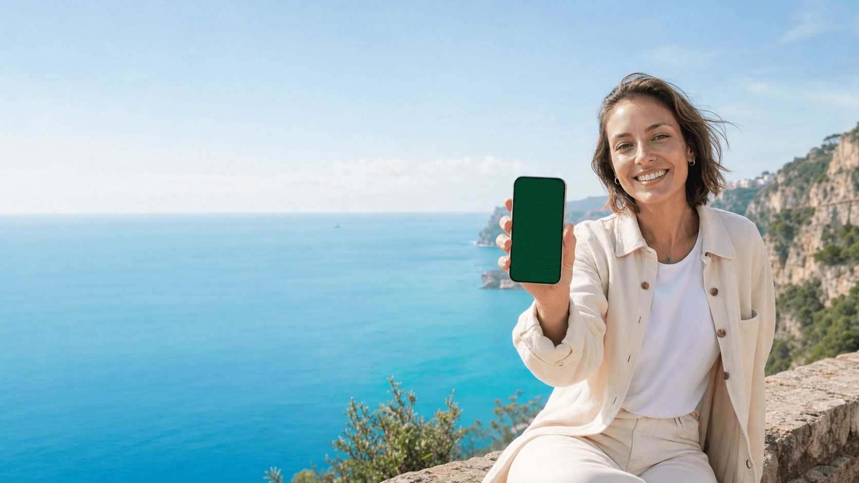 Traveller staying connected with Wisp on a Mediterranean coast